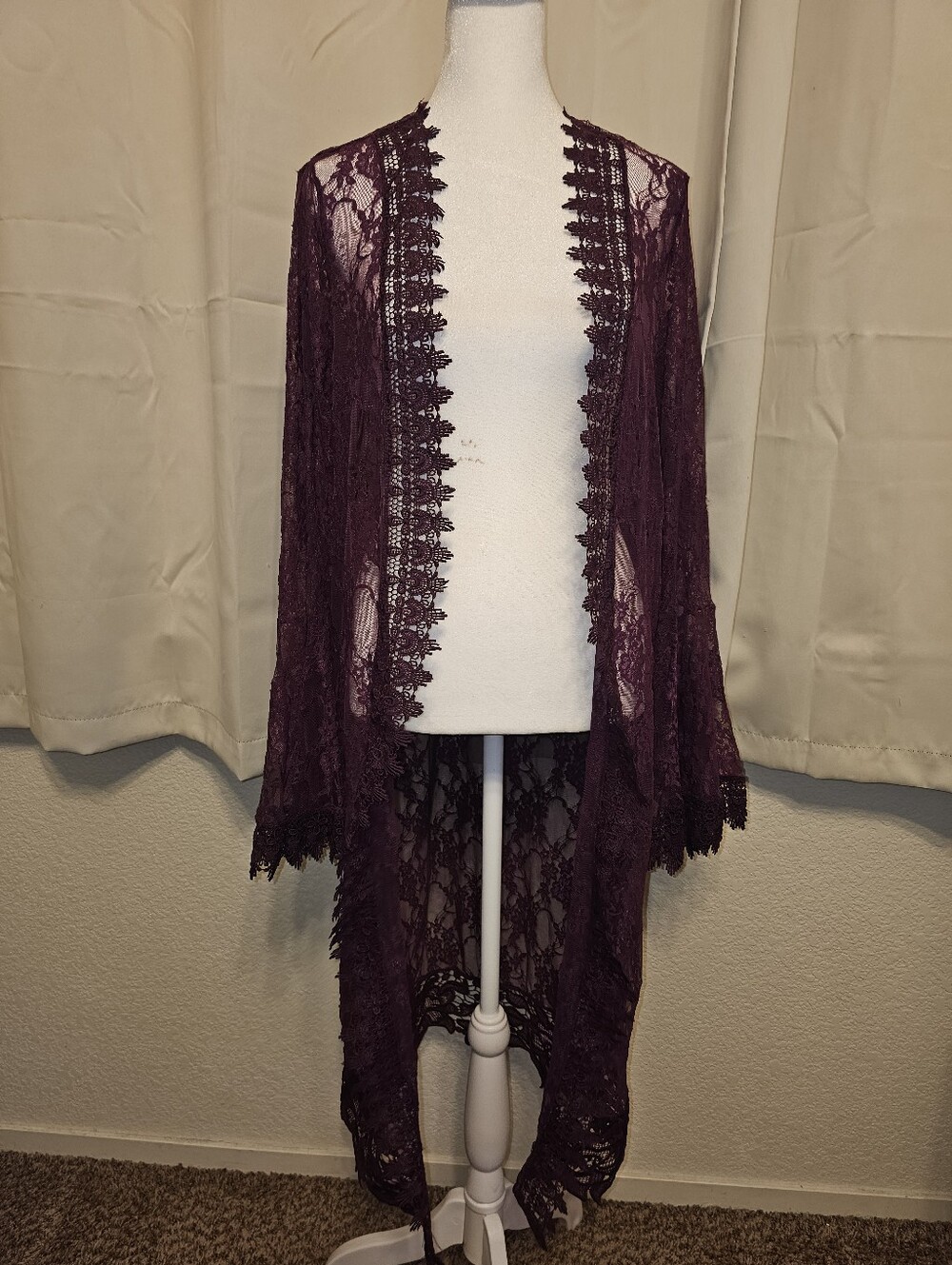 Modcloth Polly Esther Duster Lace Kimono Cover-Up Maroon Fairy Bell Sleeves - Picture 1 of 7